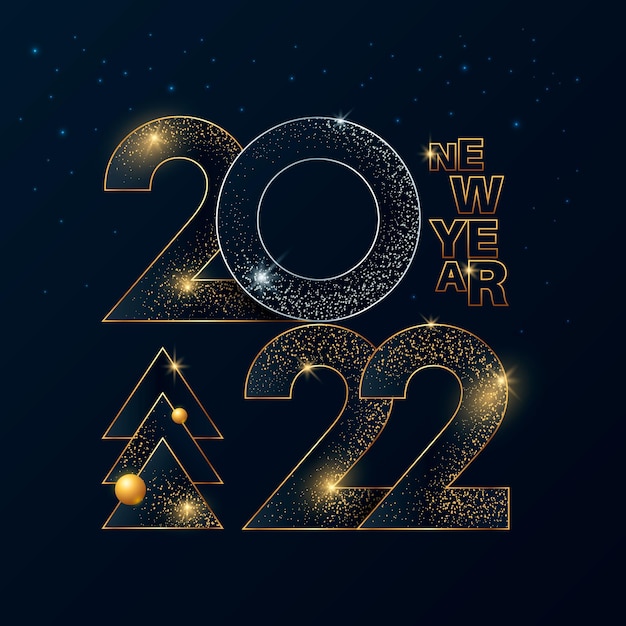 Frohes neues jahr 2022 goldene zahlen grußkartendesign auf dunklem hintergrund weihnachtseinladung