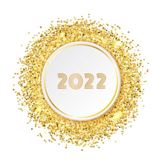 Frohes neues jahr 2022 grußkartenvorlage. runder goldener glitzerrahmen mit papierkreis und zahlen 2022