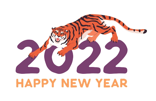 Vektor frohes neues jahr 2022 postkartendesign mit chinesischem tiger, der brüllt und kriecht. orientalisches tierkreistier, asiatisches maskottchen und feiertagstextzusammensetzung. flache vektorillustration lokalisiert auf weißem hintergrund.