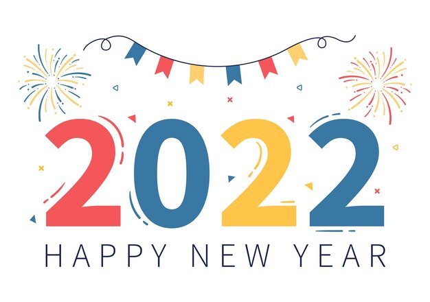 Frohes neues Jahr 2022 Vorlage flaches Design Illustration mit Bändern und Konfetti auf einem bunten Hintergrund für Poster, Broschüre oder Banner