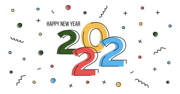 Frohes neues Jahr 2022. Web-Banner im flachen abstrakten Design mit Zahlen. Memphis geometrisches horizontales Poster für Weihnachtsfeier mit Konfetti. Vektor-Illustration.