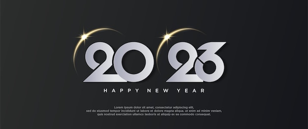 Frohes neues Jahr 2023 3D-Papierschnitt auf schwarzem Hintergrund und goldenem Licht