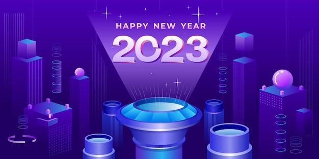 Frohes neues jahr 2023 banner-logo-design mit futuristischer moderner illustration