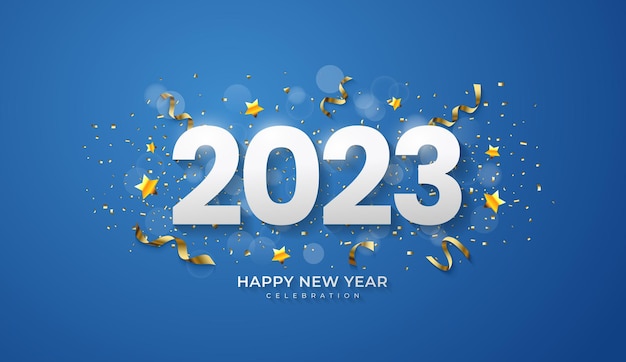 Frohes neues jahr 2023. festliche realistische dekoration. feiern sie die party 2023 auf blauem hintergrund