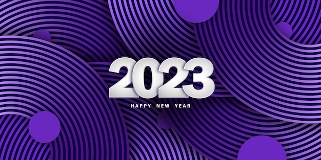 Vektor frohes neues jahr 2023. festlicher hintergrund mit zahlen 3d. violetter hintergrund mit kreisen.