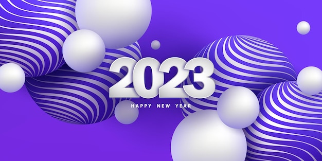 Vektor frohes neues jahr 2023. festlicher violetter hintergrund mit 3d-kugeln und zahlen.