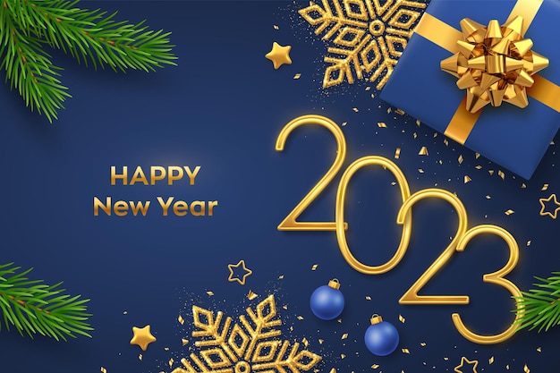 Frohes neues Jahr 2023 Goldene metallische Zahlen 2023 mit Geschenkbox glänzende Schneeflocke Tannenzweige Sterne Bälle und Konfetti auf blauem Hintergrund Neujahrsgrußkarte oder Bannervorlage Vektor