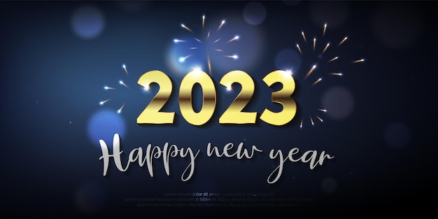 Frohes neues Jahr 2023. Goldmetallnummer und Text mit Bokeh-Bubber und Feuerwerk auf blauem Hintergrund.