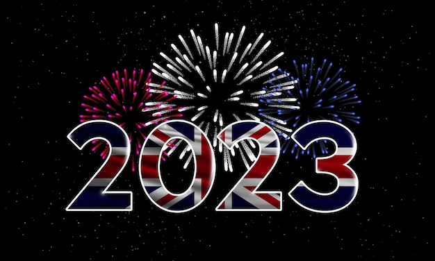 Frohes neues Jahr 2023 Großbritannien 2023 Neujahrsflagge des Vereinigten Königreichs und Feuerwerk