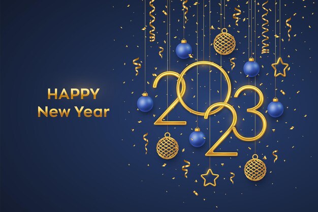 Frohes neues Jahr 2023 hängende goldene Metallic-Zahlen 2023 mit glänzenden 3D-Metallic-Sternen, Bällen und Konfetti auf blauem Hintergrund Grußkarten-Banner-Vorlage für das neue Jahr Realistische Vektorillustration