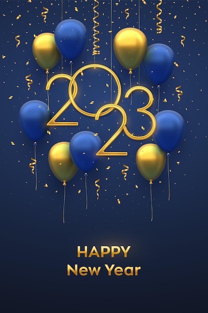 Frohes neues jahr 2023 hängende goldene metallische zahlen 2023 mit festlichen 3d-heliumballons und fallendem konfetti auf blauem hintergrund neujahrs-weihnachtsgrußkarten-bannervorlage vektorillustration