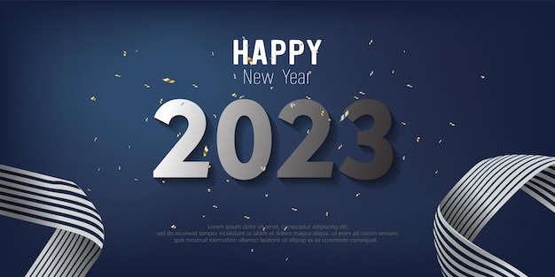 Frohes neues Jahr 2023 Metallnummer und Band auf blauem Hintergrund mit Farbverlauf