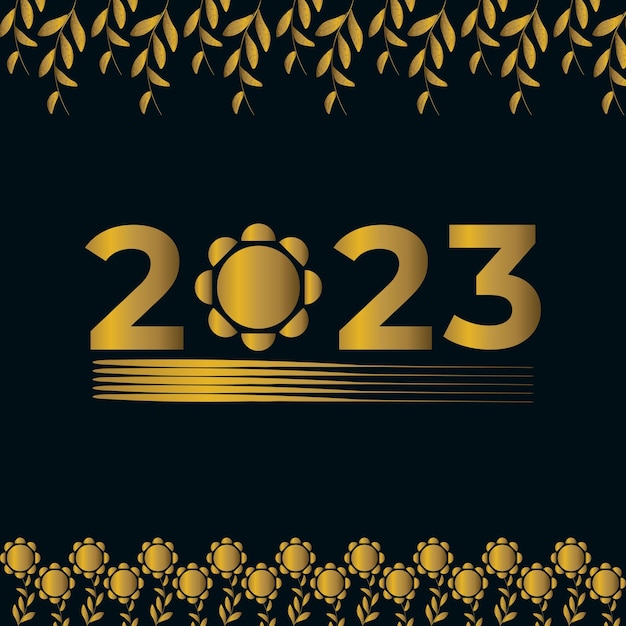 Frohes neues jahr 2023 mit goldener blumenkombination banner poster hintergrund cover wallpaper design