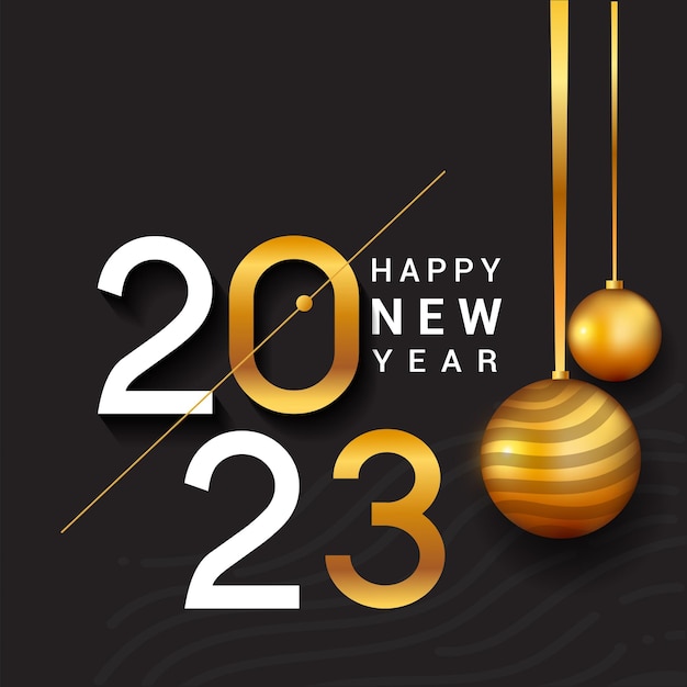 Frohes neues jahr 2023 mit isoliert auf schwarzem hintergrund textdesign goldfarbene vektorelemente für kalender und grußkarte