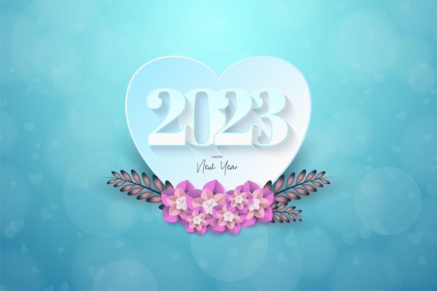 Frohes neues Jahr 2023 mit Papierillustration in Form von Liebe mit Blumen