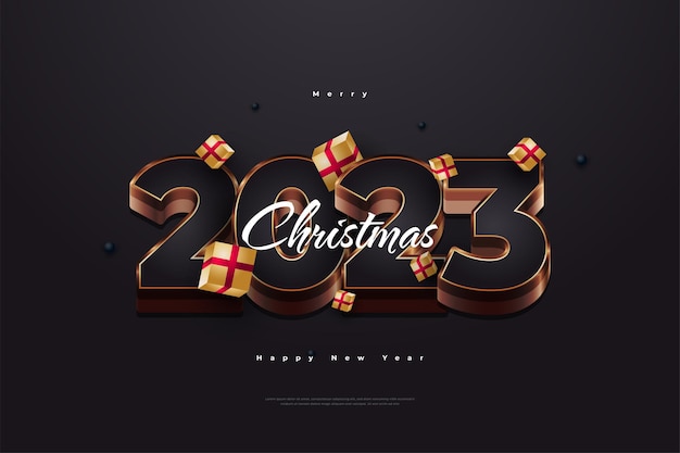 Frohes neues Jahr 2023 mit schwarzen und goldenen 3D-Zahlen und Geschenkbox isoliert auf schwarzem Hintergrund Neujahrsdesign für Banner, Poster und Grußkarte