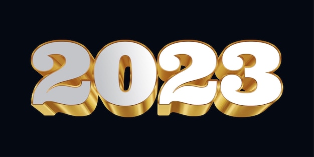 Vektor frohes neues jahr 2023 mit weißen und goldenen 3d-zahlen isoliert auf schwarzem hintergrund neujahrsdesign für banner, poster und grußkarte