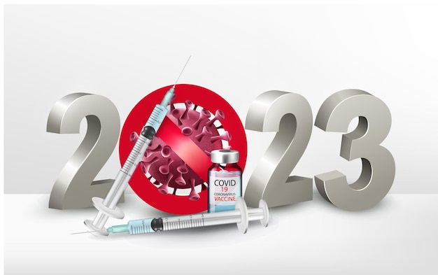 Frohes neues jahr 2023 nummer mit stop covid19 symbol mit spritze und flasche mit einem impfstoffvektor