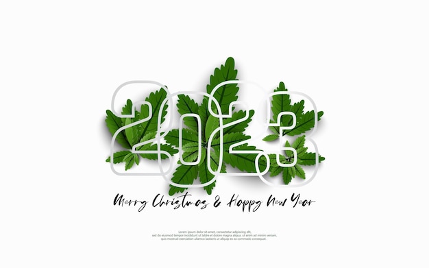 Frohes neues Jahr 2023 und frohe Weihnachten Design Nummernumriss auf einer Gruppe grüner Blätter auf weißem Hintergrund