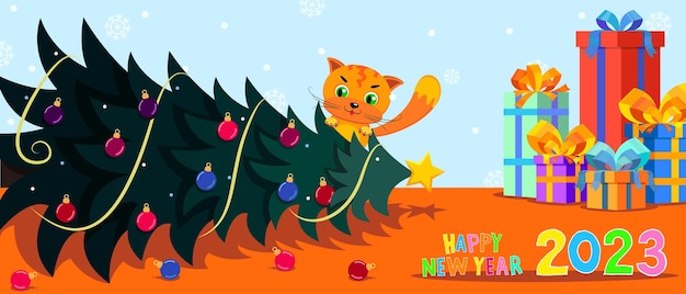 Frohes neues Jahr 2023 Weihnachtsbaum gefällt von einer Katze helle Vektorgrafiken Freche rote Katze