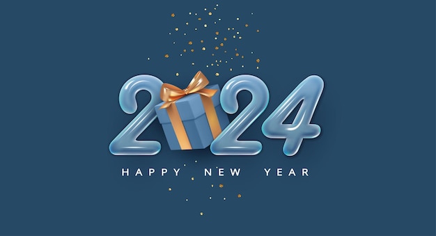 Frohes neues jahr 2024 minimalistischer hintergrund blaue glänzende zahlen und realistisches geschenk mit goldenem bogen