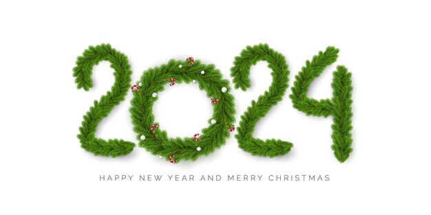 Frohes neues jahr 2024 und frohe weihnachten 2024 schriftzug mit fichtenzweig und weihnachtskranz statt null mit weihnachtskugeln und lutscher-vektorillustration