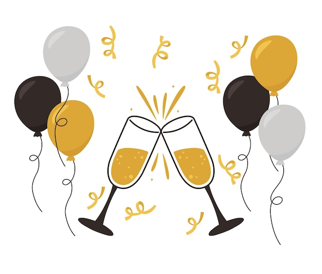 Frohes neues Jahr, Champagner Toastballons Konfetti Dekoration und Feier Vektor-Illustration