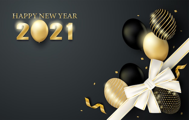 Frohes neues Jahr . Design mit Luftballons und Geschenkbox auf schwarzem Hintergrund.