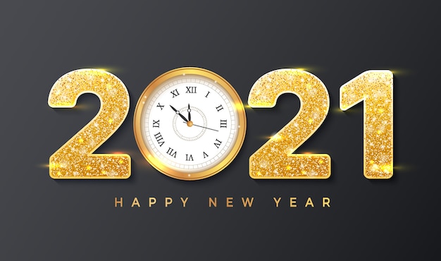 Frohes Neues Jahr Frohe Weihnachten mit realistischen goldenen Zahlen und Wanduhr