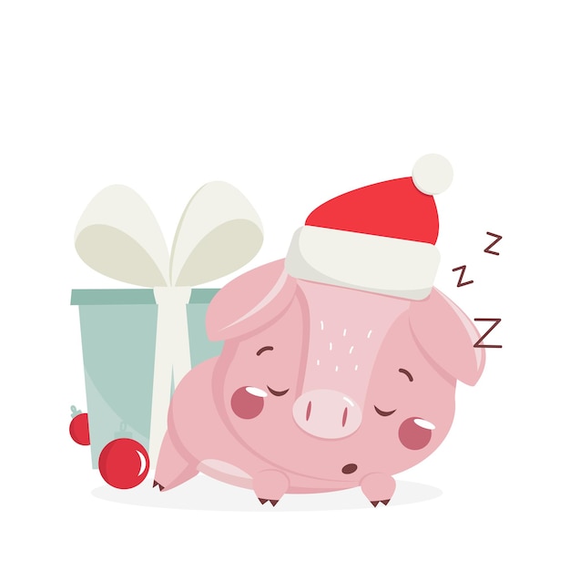 Frohes neues Jahr-Grußkarte mit süßem schlafendem Schwein. Chinesisches Symbol des Jahres 2019. Design für Print, Poster, Einladung, T-Shirt. Vektor-Illustration.
