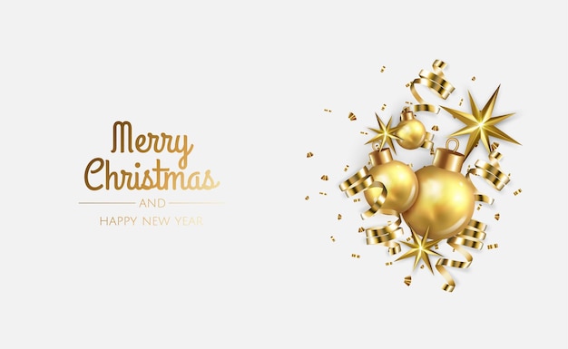 Frohes neues jahr und frohe weihnachten hintergrund mit realistischem weihnachtsball weiße und goldene weihnachtskugelnglänzendes konfetti und goldene schneeflocke