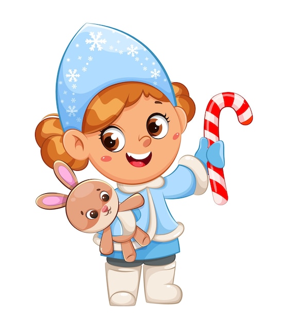 Vektor frohes neues jahr und frohe weihnachten. nettes mädchen in einem kostüm von snegurochka (schneewittchen).