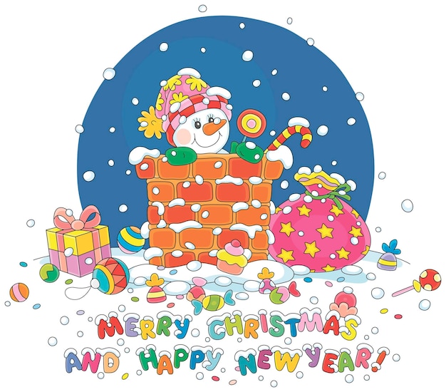 Frohes neujahr und frohe weihnachtskarte mit einem lustigen spielzeug-schneeman mit geschenken, die aus einem schornstein schauen