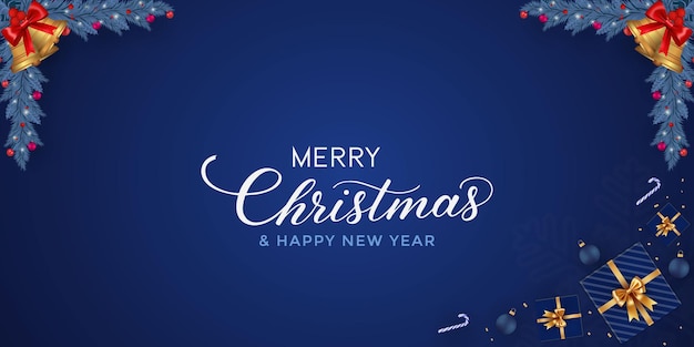 Frohes Weihnachten, frohes Neujahr, blauer Hintergrund mit festlichen Dekorationen