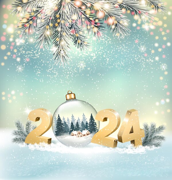 Frohes weihnachten und frohes neujahr hintergrund mit 2024 und transparenter kugel und zweigen des weihnachtsbaums vektor