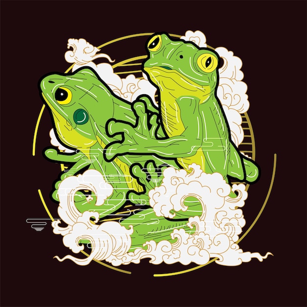 Frosch-Illustrationsdesign mit Retro-Hintergrund im japanischen Stil