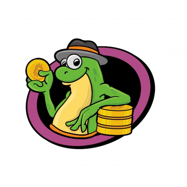 Frosch-maskottchen, das bitcoin hält