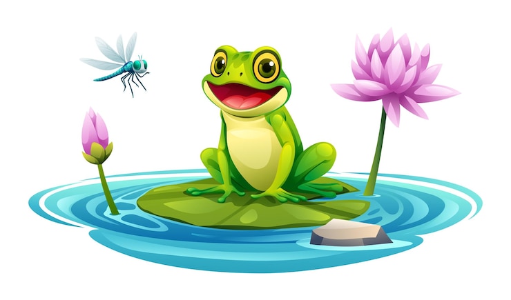 Vektor frosch sitzt auf einem blatt in einem teich mit wasserlilie und libelle vektor cartoon-illustration isoliert auf weißem hintergrund