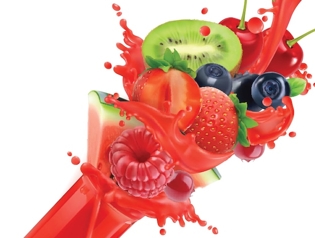 Fruchtburst Spritzer Saft Süße tropische Früchte und gemischte Waldbeeren 3D-realistische Vektor-Ikonen