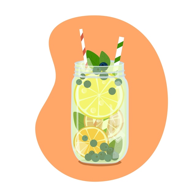 Fruchtcocktail mit scheibe zitrone orangenblatt minze vektor-illustration flaches design isoliert auf weißem hintergrund