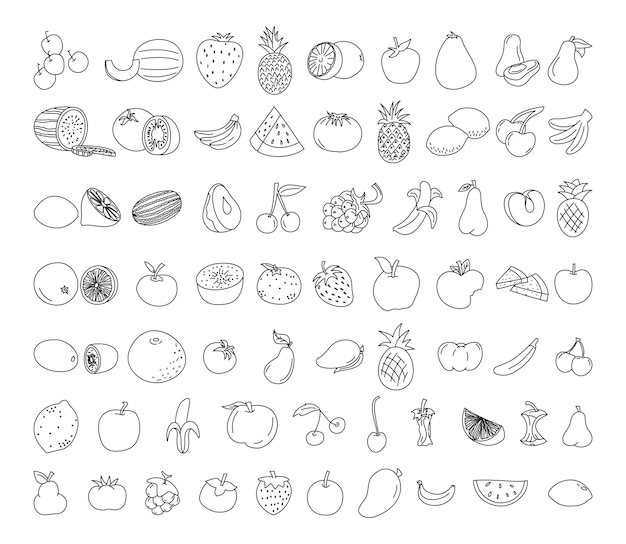 Fruchtelement-Doodle-Set Fruchtvektor-Doodle-Illustration Vegetarische gesunde Lebensmittelskizze von Lebensmitteln für die Menüillustration