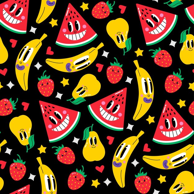 Vektor fruchtfiguren nahtloses muster im retro-comic-stil, banane, birne, erdbeere, wassermelone