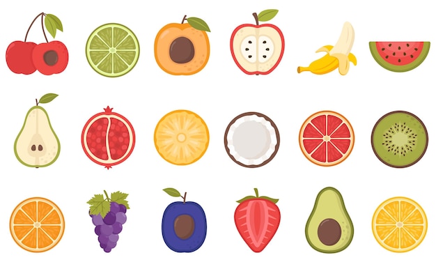 FruchthälftenHälften des Obstsatzes süßes gesundes Segment Vektorflache Fruchtillustration