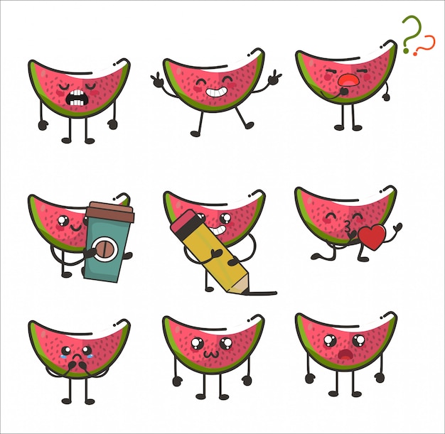 Vektor fruchtwassermelonen-charakterillustrationssatz für glücklichen ausdruck