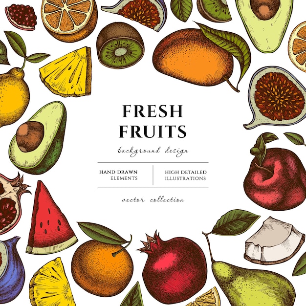 Früchte handgezeichnetes Illustrationsdesign Hintergrund mit Retro-Birnen, Kiwi usw