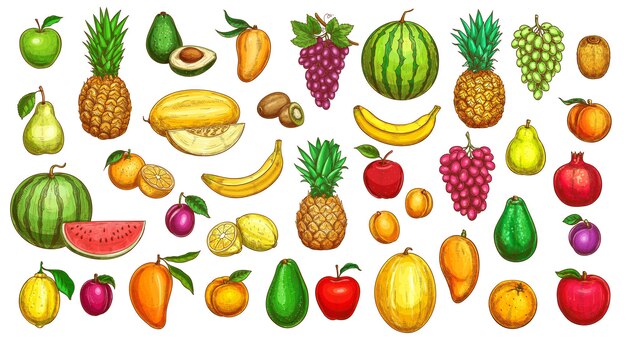 Vektor früchte skizzieren ikonen tropische exotische früchte vom bauernhof