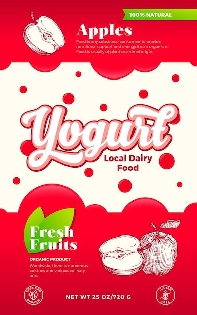 Früchte und beeren joghurt etikettenvorlage abstract vector molkerei verpackungsdesign layout moderne typografie banner mit blasen und handgezeichneten äpfeln skizze silhouette hintergrund isoliert