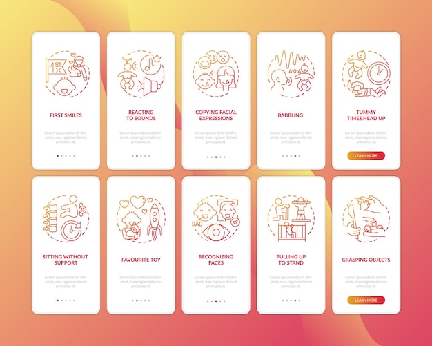 Frühkindliche entwicklung onboarding mobile app seite bildschirm mit konzepten illustrationen