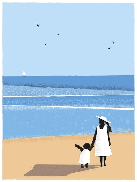 Vektor frühling sommer strand hintergrund. minimalistisches bild von mutter und kind, die am strand spazieren gehen.postkarte
