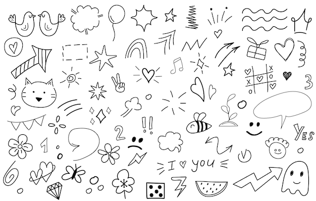 Frühlings Doodle-Ikonen-Set Handgezeichneter Stil Line Art Regenschirm Bewässerung kann Blumenstrauß